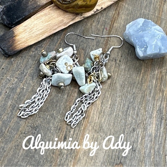 Larimar confetti fringe silver dangle earrings vintage cluster long - Picture 1 of 6